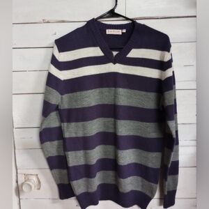 John Players Men's Size Small Purple White Gray Stripe Vneck Sweater Wool Blend